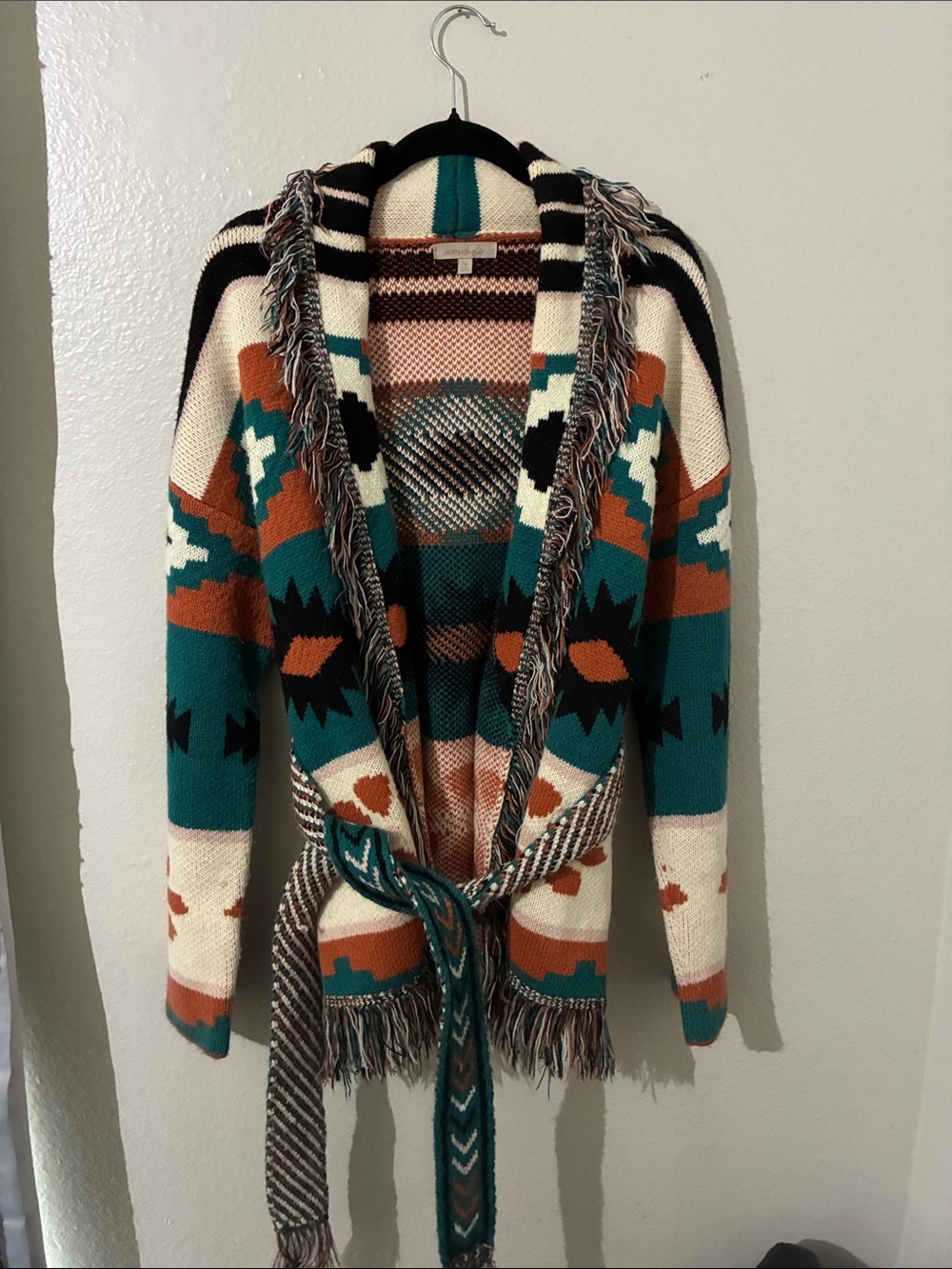 Wonderly Southwestern Aztec Print Belted Fringe Cardigan